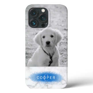 Custom Pet Photo &amp; Faux Marble Texture With Blue iPhone 13 Pro Case