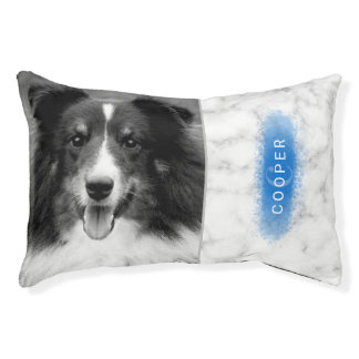 Custom Pet Photo &amp; Faux Marble Texture With Blue Pet Bed