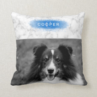 Custom Pet Photo &amp; Faux Marble Texture With Blue Throw Pillow