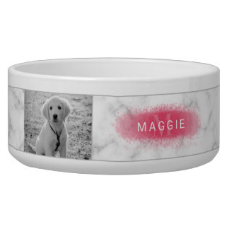 Custom Pet Photo & Faux Marble Texture With Pink Bowl