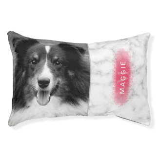 Custom Pet Photo &amp; Faux Marble Texture With Pink Pet Bed