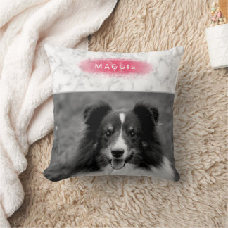 Custom Pet Photo &amp; Faux Marble Texture With Pink Throw Pillow