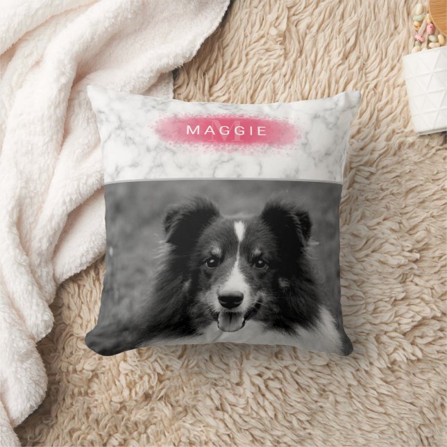 Custom Pet Photo & Faux Marble Texture With Pink Throw Pillow (Blanket)