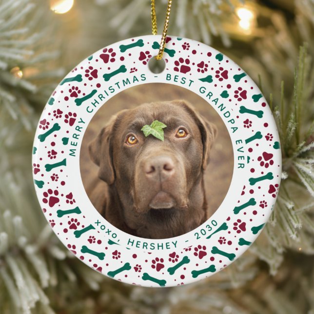 Custom Pet Photo Festive Paw Prints Dog Christmas  Ceramic Ornament (Creator Uploaded)
