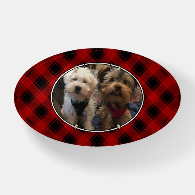 Custom Pet Photo Frame Christmas Red Black Plaid Paperweight (Front)