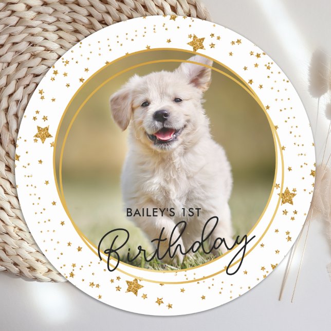 Custom Pet Photo Gold Glitter Stars Dog Birthday Classic Round Sticker (Creator Uploaded)