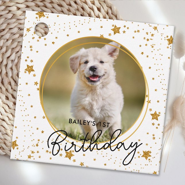 Custom Pet Photo Gold Glitter Stars Dog Birthday Favor Tags (Creator Uploaded)