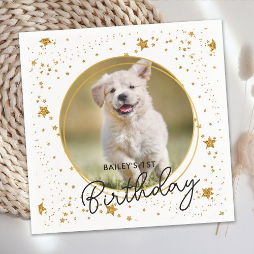 Custom Pet Photo Gold Glitter Stars Dog Birthday Napkins