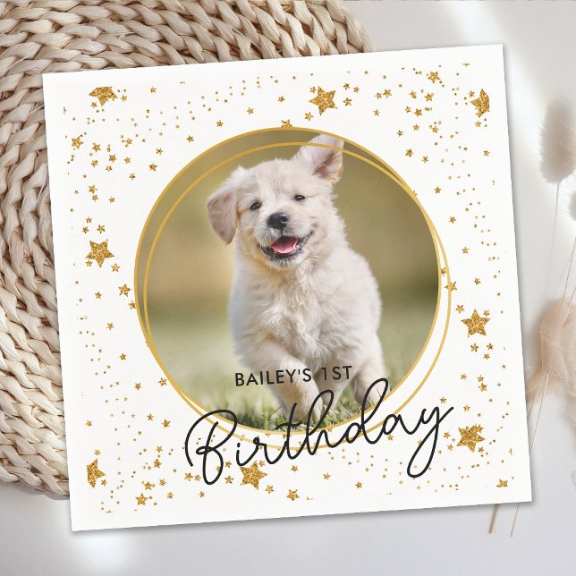 Custom Pet Photo Gold Glitter Stars Dog Birthday Napkins (Creator Uploaded)