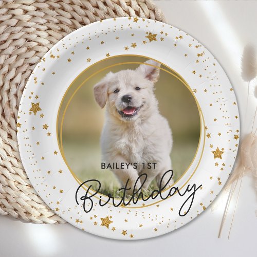 Custom Pet Photo Gold Glitter Stars Dog Birthday Paper Plates