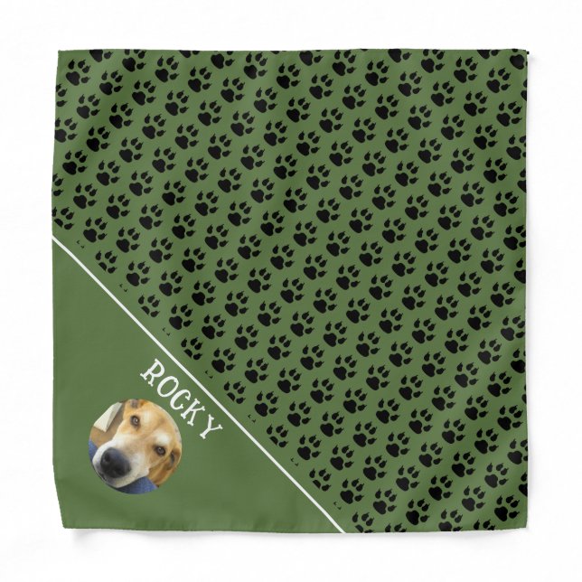 Custom Pet Photo Green Black Paw Print Monogram Bandana (Front)