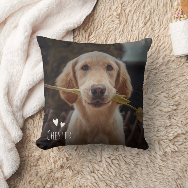 Custom Pet Photo Handwritten Name Hearts Cute  Throw Pillow (Blanket)