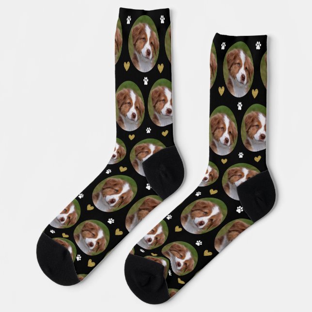 Custom Pet Photo Heart Black White Paw Print Socks (Left)
