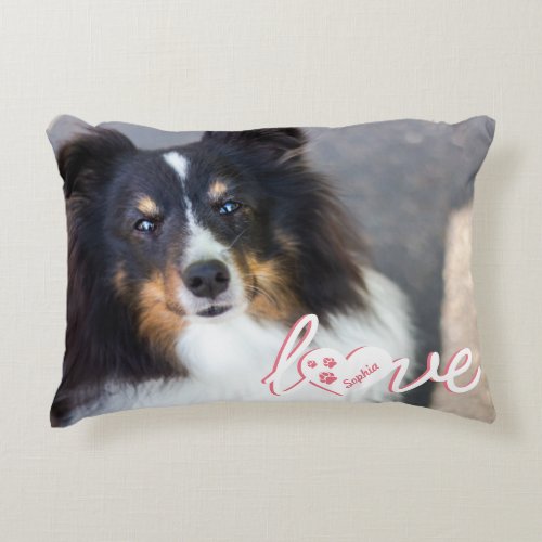 Custom Pet Photo  Love Text With Paws  Name Accent Pillow
