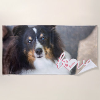 Custom Pet Photo &amp; Love Text With Paws &amp; Name Beach Towel