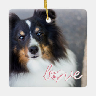 Custom Pet Photo &amp; Love Text With Paws &amp; Name Ceramic Ornament