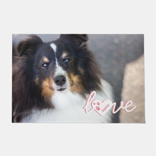 Custom Pet Photo  Love Text With Paws  Name Doormat