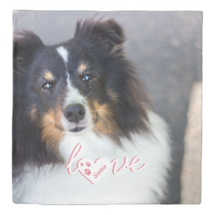 Custom Pet Photo & Love Text With Paws & Name Duvet Cover