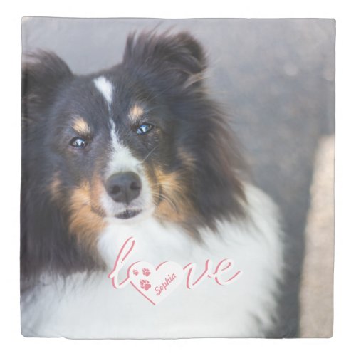 Custom Pet Photo  Love Text With Paws  Name Duvet Cover