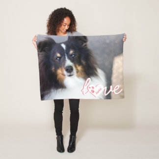 Custom Pet Photo &amp; Love Text With Paws &amp; Name Fleece Blanket