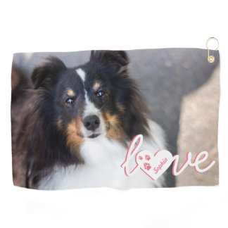 Custom Pet Photo &amp; Love Text With Paws &amp; Name Golf Towel