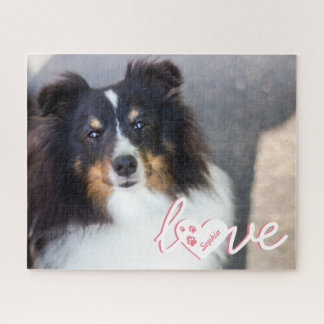 Custom Pet Photo &amp; Love Text With Paws &amp; Name Jigsaw Puzzle
