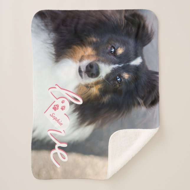 Custom Pet Photo & Love Text With Paws & Name Sherpa Blanket (Front)