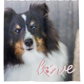 Custom Pet Photo &amp; Love Text With Paws &amp; Name Shower Curtain