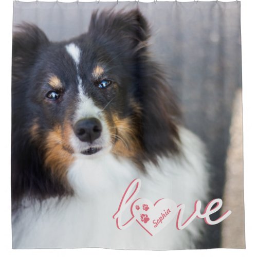 Custom Pet Photo  Love Text With Paws  Name Shower Curtain