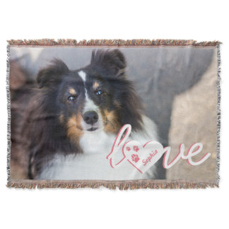 Custom Pet Photo &amp; Love Text With Paws &amp; Name Throw Blanket