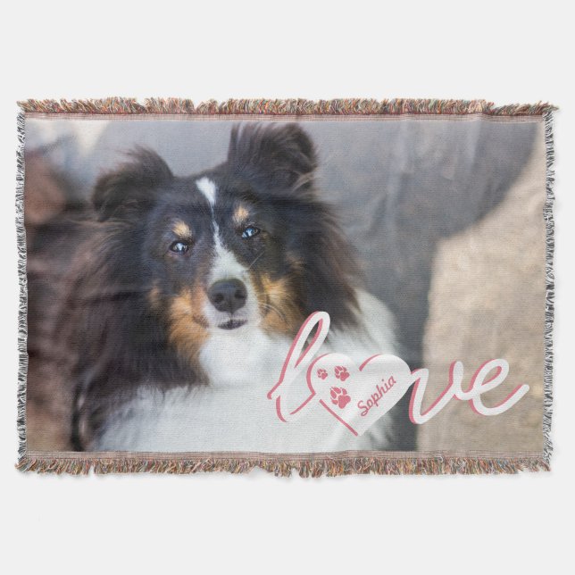 Custom Pet Photo & Love Text With Paws & Name Throw Blanket (Front)
