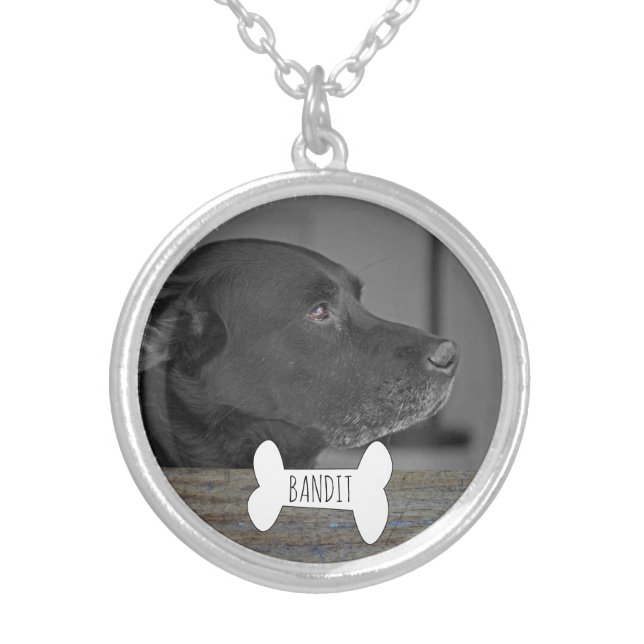 Custom Pet Photo Memorial Keepsake | Rustic Wood Silver Plated Necklace (Front)