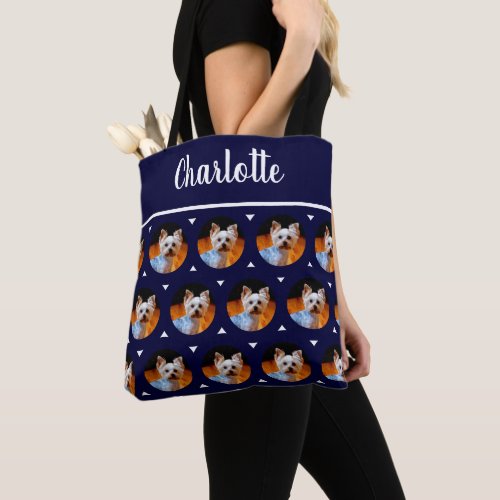 Custom Pet Photo  Monogram Name Navy Blue Tote Bag