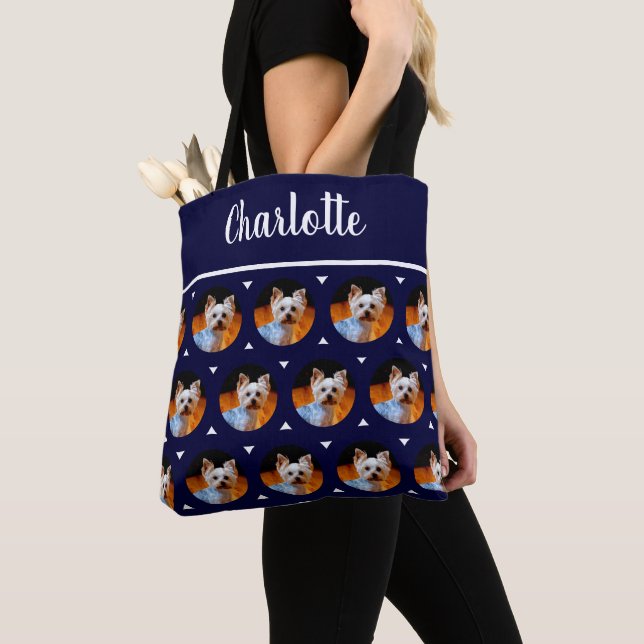 Custom Pet Photo & Monogram Name Navy Blue Tote Bag (Close Up)