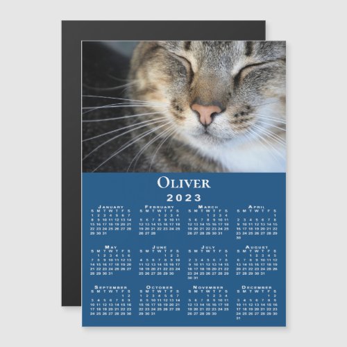 Custom Pet Photo Name 2023 Calendar Blue Magnet