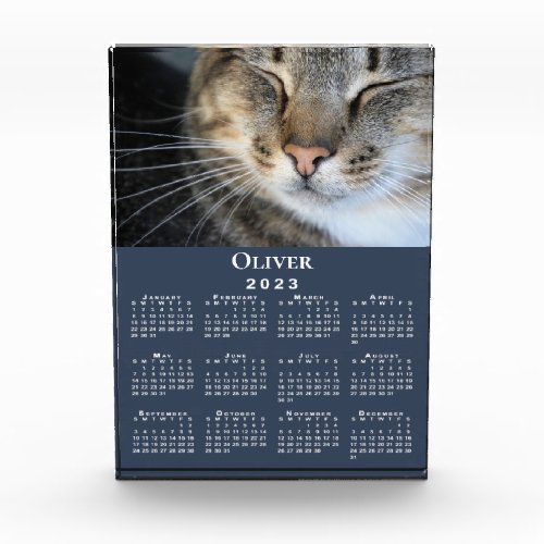 Custom Pet Photo Name 2023 Calendar Navy Blue Desk Acrylic Award