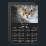 Custom Pet Photo Name 2024 Calendar Black Magnet<br><div class="desc">Keep your pet (or favorite people) nearby with a customizable 2024 calendar magnet card. Replace the sample photo and name in the sidebar. The custom text is in a modern white serif font. Below it is a small white 2024 calendar on a black background. Makes a great personalized stocking stuffer....</div>