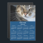 Custom Pet Photo Name 2024 Calendar Blue Magnet<br><div class="desc">Keep your pet (or favorite people) nearby with a customizable 2024 calendar magnet card. Replace the sample photo and name in the sidebar. The custom text is in a modern white serif font. Below it is a small white 2024 calendar on a blue background. Makes a great personalized stocking stuffer....</div>