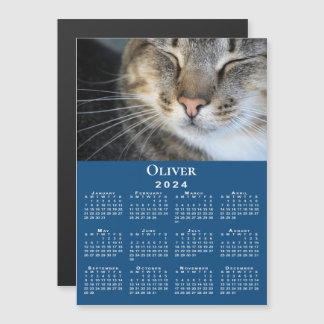 Custom Pet Photo Name 2024 Calendar Blue Magnet