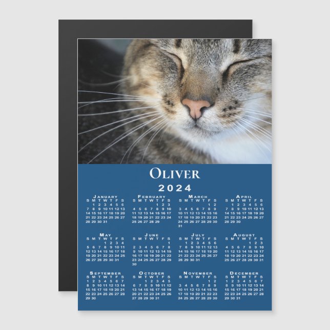 Custom Pet Photo Name 2024 Calendar Blue Magnet (Front/Back)