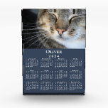 Custom Pet Photo Name 2024 Calendar Navy Blue Desk Acrylic Award<br><div class="desc">Keep your pet (or favorite people) nearby with a customizable 2024 calendar acrylic block. Replace the sample photo and name in the sidebar. The custom text is in a modern white serif font. Below it is a small white calendar on a navy blue background. Makes a great personalized gift. If...</div>