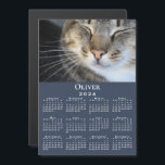 Custom Pet Photo Name 2024 Calendar Navy Magnet<br><div class="desc">Keep your pet (or favorite people) nearby with a customizable 2024 calendar magnetic card. Replace the sample photo and name in the sidebar. The custom text is in a modern white serif font. Below it is a small white 2024 calendar on a navy blue background. Makes a great personalized stocking...</div>