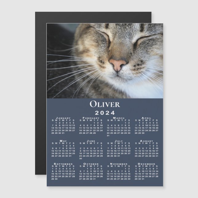 Custom Pet Photo Name 2024 Calendar Navy Magnet (Front/Back)