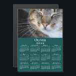 Custom Pet Photo Name 2024 Calendar Teal Magnet<br><div class="desc">Keep your pet (or favorite people) nearby with a customizable 2024 calendar magnetic card. Replace the sample photo and name in the sidebar. The custom text is in a modern white serif font. Below it is a small white 2024 calendar on a teal background. Makes a great personalized stocking stuffer....</div>