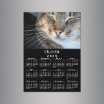 Custom Pet Photo Name 2025 Calendar Black Magnet<br><div class="desc">Keep your pet (or favorite people) nearby with a customizable 2025 calendar magnet card. Replace the sample photo and name in the sidebar. The custom text is in a modern white serif font. Below it is a small white calendar on a black background. Makes a great personalized stocking stuffer. Includes...</div>