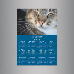 Custom Pet Photo Name 2025 Calendar Blue Magnet<br><div class="desc">Keep your pet (or favorite people) nearby with a customizable 2025 calendar magnet card. Replace the sample photo and name in the sidebar. The custom text is in a modern white serif font. Below it is a small white calendar on a blue background. Makes a great personalized stocking stuffer. Includes...</div>