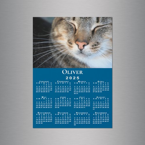 Custom Pet Photo Name 2025 Calendar Blue Magnet