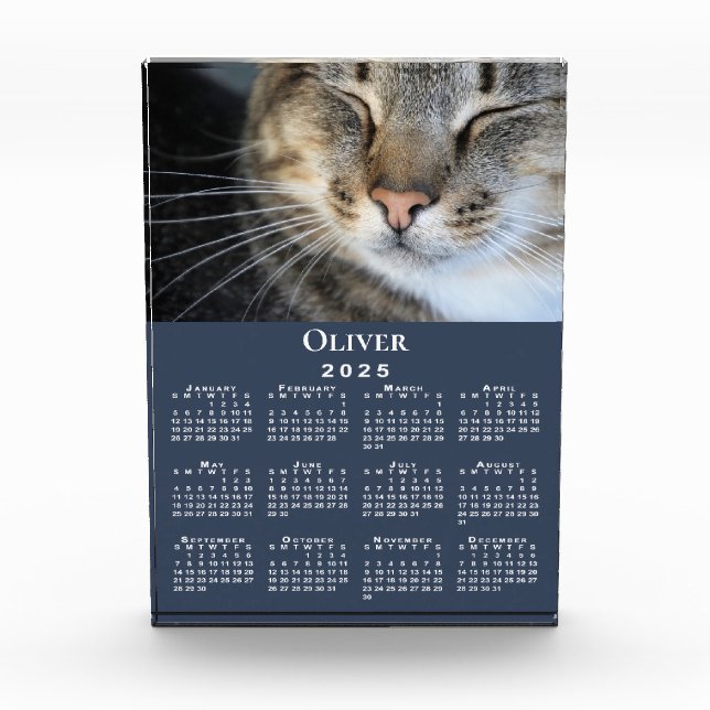 Custom Pet Photo Name 2025 Calendar Navy Blue Desk Acrylic Award (Front)