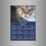 Custom Pet Photo Name 2025 Calendar Navy Magnet<br><div class="desc">Keep your pet (or favorite people) nearby with a customizable 2025 calendar magnetic card. Replace the sample photo and name in the sidebar. The custom text is in a modern white serif font. Below it is a small white calendar on a navy blue background. Makes a great personalized stocking stuffer....</div>