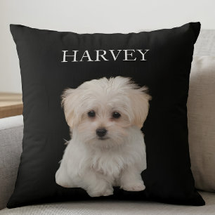 Custom Pet Photo & Name Black "Harvey" Throw Pillow